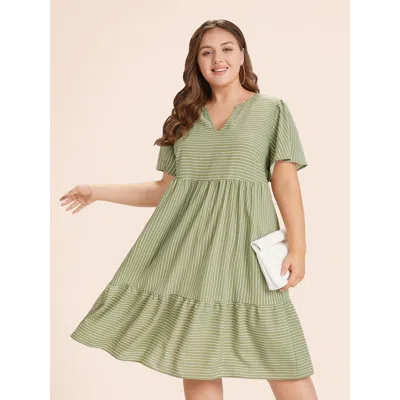 Bloomchic Women's Plus Size Striped Patchwork Notched Flutter Layered Babydoll Dress Moss Stripes Mini Casual  In Green