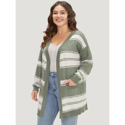 Bloomchic Women's Plus Size Striped Patchwork Open Front Pocket Cardigan Green Long Sleeve 18-20/2x