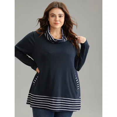Bloomchic Women's Plus Size Striped Patchwork Pocket Turtleneck T-shirt Indigo Long Sleeve Dailywear 10/m In Purple