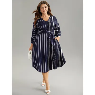 Bloomchic Women's Plus Size Striped Patchwork Polka Dot Belted Notched Dress Darkblue Office Belted 10/m In Blue