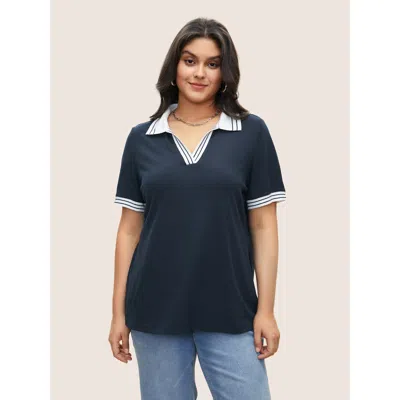 Bloomchic Women's Plus Size Striped Patchwork Polo Neck Rib Knit T-shirt Indigo Non Everyday Short Sleeve 10/m In Purple