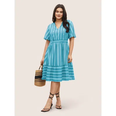 Bloomchic Women's Plus Size Striped Patchwork Tassels Ties Shirred Dress Lightblue Stripes Midi Vacation Bowkn In Blue