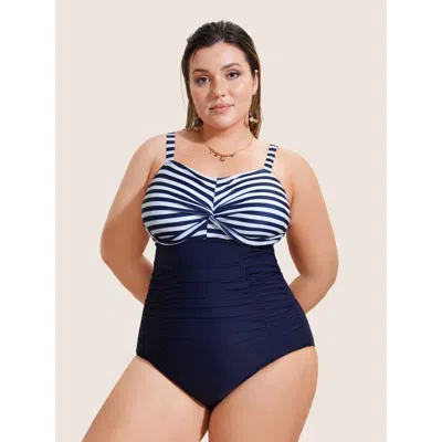 Bloomchic Women's Plus Size Striped Patchwork Twist Front One Piece Swimsuit Indigo Stripes Twist Adaptive-fit In Purple