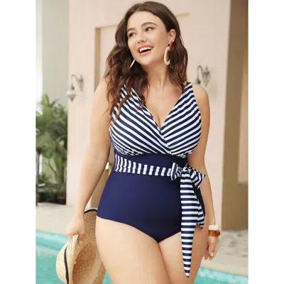 Bloomchic Women's Plus Size Striped Patchwork Wrap Knot Front One Piece Swimsuit Indigo Adjustable Straps Adap In Purple