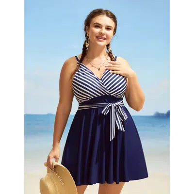 Bloomchic Women's Plus Size Striped Patchwork Wrap Tie Knot Swim Dress Indigo Stripes Tie Knot Adaptive-fit 10 In Purple