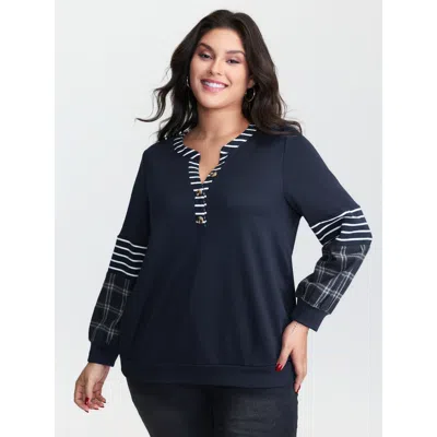 Bloomchic Women's Plus Size Striped Plaid Split Neckline Sweatshirt Midnight Not Graphics Casual V-notch Neck  In Blue