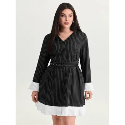 Bloomchic Women's Plus Size Striped Pleated Hem Belted Mini Dress Black Stripes Mini Office Button Front 30/6x