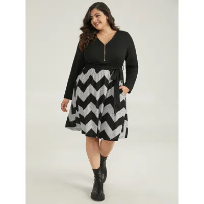 Bloomchic Women's Plus Size Striped Pocket Elastic Waist Patchwork Zipper Dress Black Dailywear Zipper 18-20/2