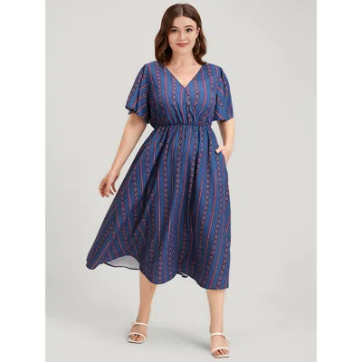 Bloomchic Women's Plus Size Striped Pocket Split Flutter Wrap Midi Dress Darkblue Stripes Dailywear Printed 30 In Blue