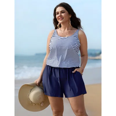Bloomchic Women's Plus Size Striped Pockets Color Contrast One-piece Swimsuit Indigo Stripes Colorblock Bust S In Purple
