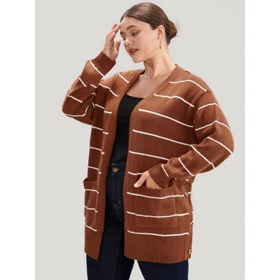Bloomchic Women's Plus Size Striped Pointelle Knit Button Side Pocket Open Front Cardigan Rust Long Sleeve 14- In Brown
