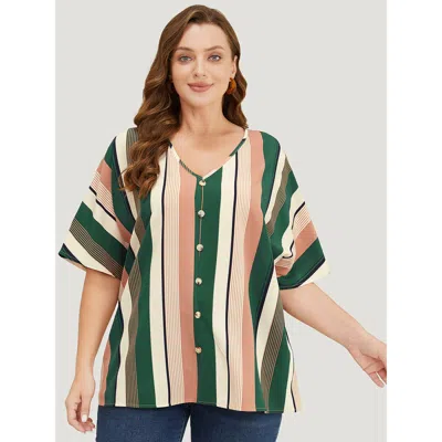 Bloomchic Women's Plus Size Striped Print Button Detail Batwing Sleeve Blouse Multicolor Dailywear Half Sleeve