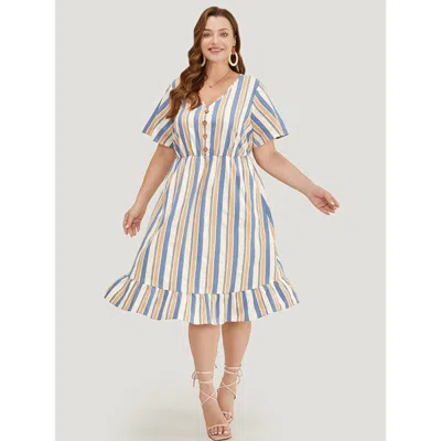 Bloomchic Women's Plus Size Striped Print Button Detail Pocket Flutter Hem Dress Stone Dailywear Colorblock 30 In Gray