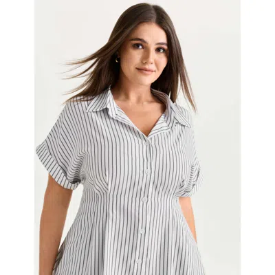 Bloomchic Women's Plus Size Striped Print Cinched-waist Button-down Shirt Whitesmoke Office Short Sleeve Colla