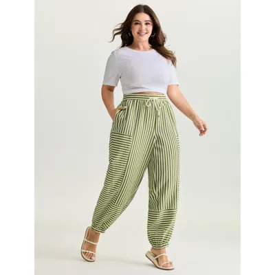 Bloomchic Women's Plus Size Striped Print Cuffed Hem Pants Olive Mid Rise Casual 10/m In Green