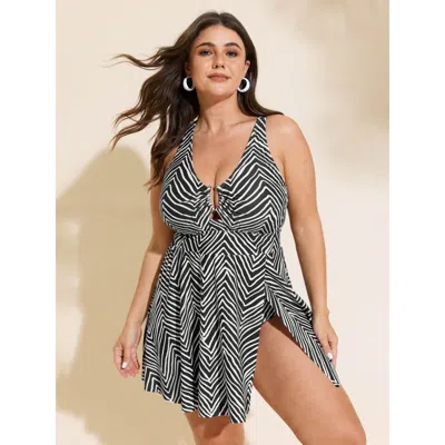 Bloomchic Women's Plus Size Striped Print Cut-out Split Swim Dress Black Geometric Cut-out Adjustable Straps 1