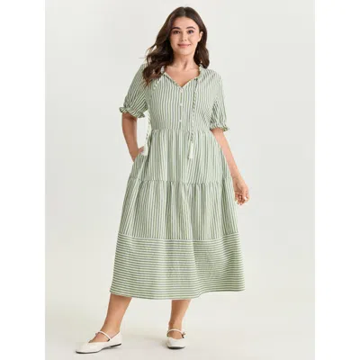 Bloomchic Women's Plus Size Striped Print Drawstring Tiered Maxi Dress Moss Stripes Maxi Casual Lace-up 12/l In Green