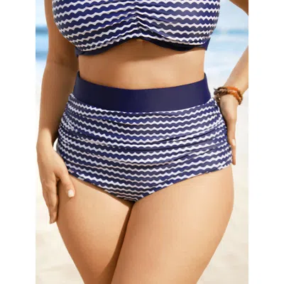 Bloomchic Women's Plus Size Striped Print High Rise Ruched Swim Bottom Navy Stripes Short Gathered Fully Elast In Blue