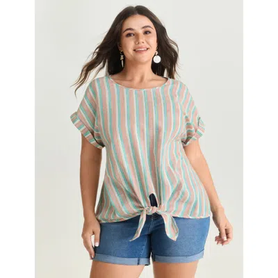Bloomchic Women's Plus Size Striped Print Knotted Front Blouse Multicolor Stripes Vacation Short Sleeve Round 