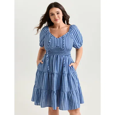 Bloomchic Women's Plus Size Striped Print Neck-tie Tiered Mini Dress Skyblue Stripes Knee Length Casual Smocke In Blue