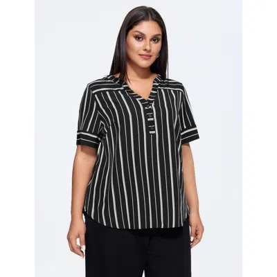 Bloomchic Women's Plus Size Striped Print Notched Collar Blouse Blackflower Stripes Office Short Sleeve V-notc