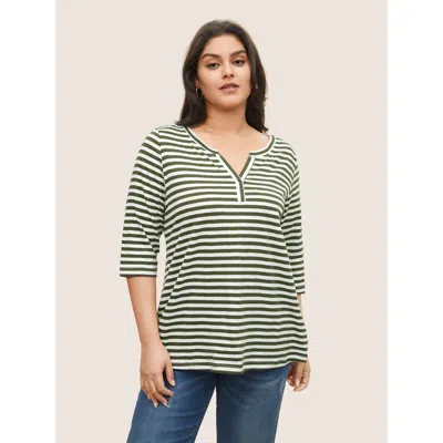 Bloomchic Women's Plus Size Striped Print Notched T-shirt Armygreen Stripes Everyday 3/4 Sleeve 12/l