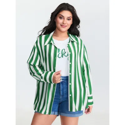 Bloomchic Women's Plus Size Striped Print Pleated Button-down Shirt Truegreen Casual Long Sleeve 12/l
