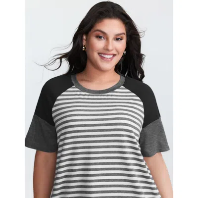 Bloomchic Women's Plus Size Striped Print Raglan Sleeve T-shirt Dimgray Stripes Casual Short Sleeve 10/m