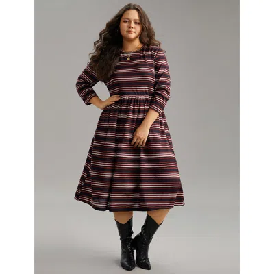 Bloomchic Women's Plus Size Striped Print Round Neck Pocket Elastic Waist Dress Black Dailywear Printed 26/4x