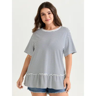 Bloomchic Women's Plus Size Striped Print Ruffled Hem Long T-shirt Midnight Stripes Casual Short Sleeve Round  In Blue