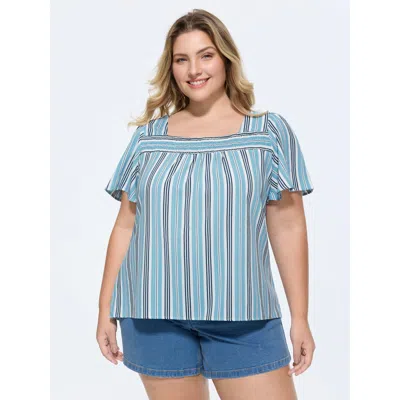 Bloomchic Women's Plus Size Striped Print Shirred Neckline Blouse Lightblue Stripes Casual Short Sleeve Square In Blue