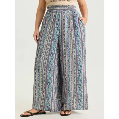 Bloomchic Women's Plus Size Striped Print Shirred Waist Wide-leg Pants Multicolor Ethnic Floral Wide Leg Mid R