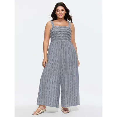 Bloomchic Women's Plus Size Striped Print Shirred Wide-straps Jumpsuit Indigo Casual 10/m In Purple