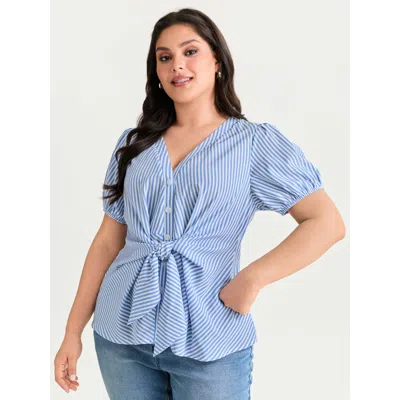 Bloomchic Women's Plus Size Striped Print Tie-front Blouse Lightblue Stripes Elegant Short Sleeve V-neck 18-20 In Blue
