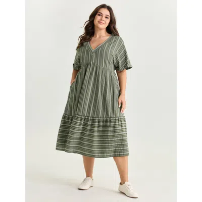 Bloomchic Women's Plus Size Striped Print V-neck Midi Dress Armygreen Stripes Maxi Casual 12/l