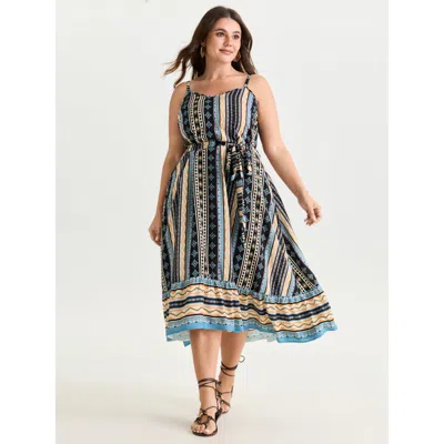 Bloomchic Women's Plus Size Striped Print Waist-tie Cami Midi Dress Multicolor Ethnic Floral Maxi Vacation 18-