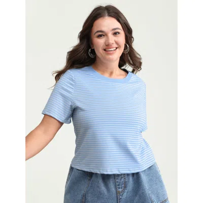 Bloomchic Women's Plus Size Striped Ribbed Fitted Crew Neck T-shirt Lightblue Stripes Casual Short Sleeve 12/l In Blue