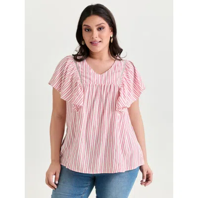 Bloomchic Women's Plus Size Striped Ribbed Ruffled Edge Blouse Watermelon Stripes Casual Short Sleeve V-neck 1 In Green