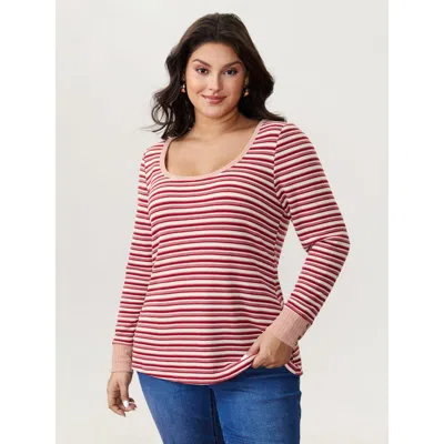 Bloomchic Women's Plus Size Striped Ribbed Scoop Button T-shirt Raspberry Stripes Casual Long Sleeve U-neck 10 In Pink