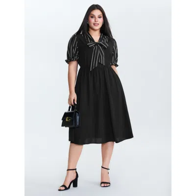 Bloomchic Women's Plus Size Striped Ribbon Neckline Contrast Midi Dress Black Stripes Midi Office 12/l