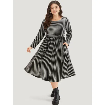 Bloomchic Women's Plus Size Striped Round Neck Belted Dress Black Dailywear Belted 10/m