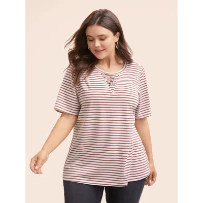 Bloomchic Women's Plus Size Striped Round Neck Crisscross T-shirt Dustypink Stripes Everyday Short Sleeve 10/m In Pink
