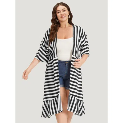 Bloomchic Women's Plus Size Striped Ruffle Hem Pocket Open Front Kimono Black Ruffles Pocket 12/l