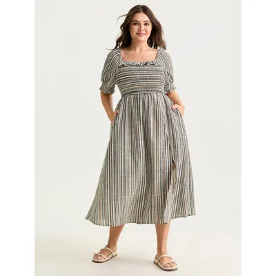Bloomchic Women's Plus Size Striped Ruffled Neckline Puff Sleeve Midi Dress Tan Stripes Midi Casual Smocked 12 In Brown