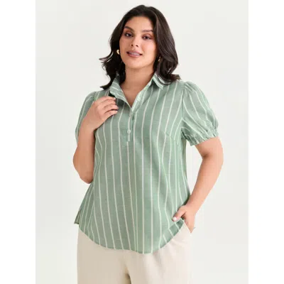 Bloomchic Women's Plus Size Striped Ruffled Puffy Sleeve Blouse Greenbean Stripes Office Short Sleeve 18-20/2x