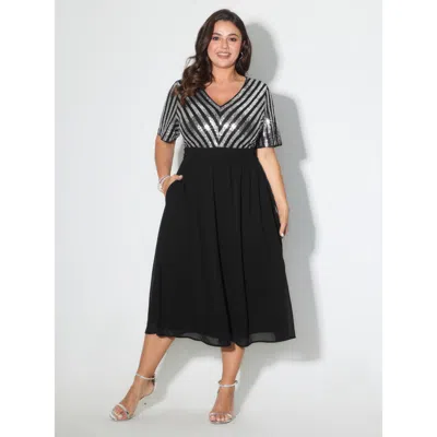 Bloomchic Women's Plus Size Striped Sequin V-neck Contrast Midi Dress Black Stripes Midi Party Patchwork 10/m