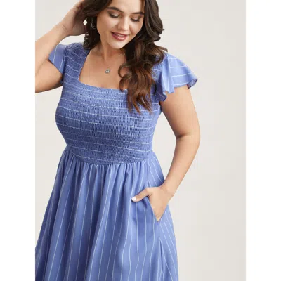Bloomchic Women's Plus Size Striped Shirred Flutter Sleeve Midi Dress Skyblue Stripes Midi Casual Smocked 28/5 In Blue
