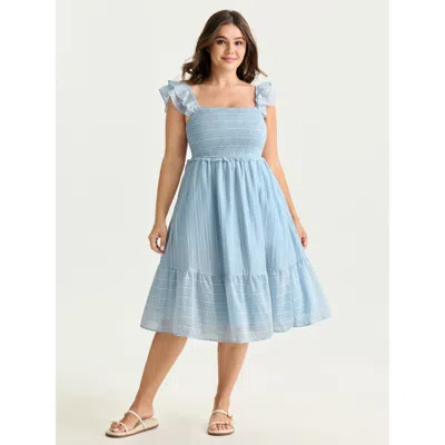 Bloomchic Women's Plus Size Striped Shirred Ruffled Layered Sleeve Mini Dress Lightblue Stripes Knee Length Ca In Blue