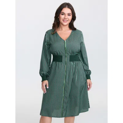 Bloomchic Women's Plus Size Striped Shirred Waist Zipper-front Midi Dress Emerald Stripes Midi Casual Smocked  In Green