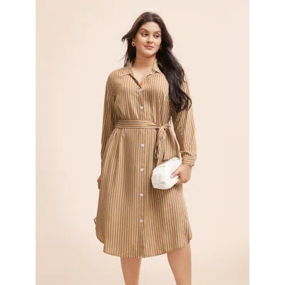 Bloomchic Women's Plus Size Striped Shirt Collar Curved Hem Midi Dress Lightbrown Stripes Midi Office Belted 3 In Brown